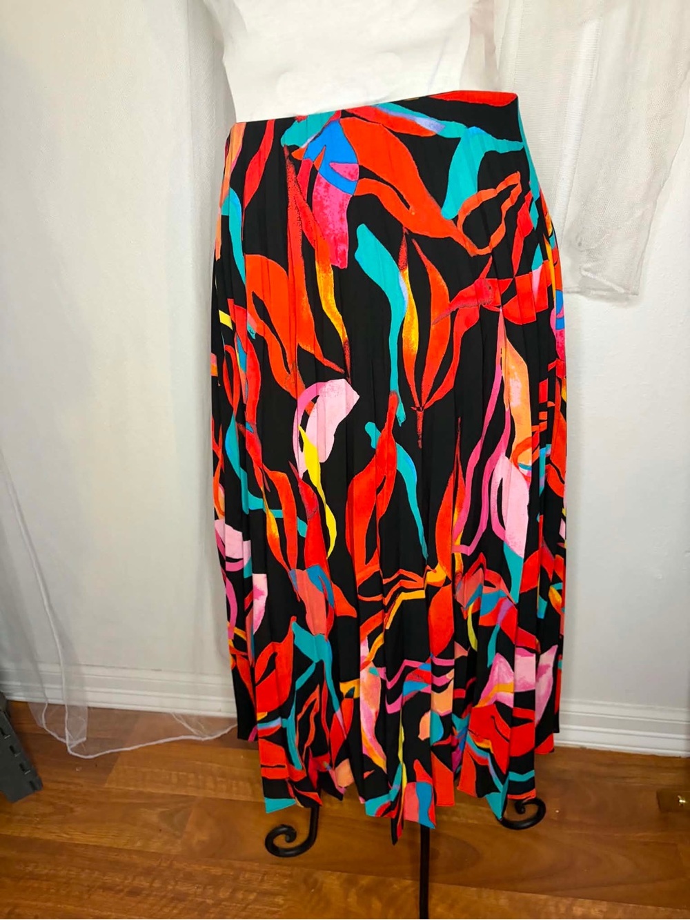 New York & Company Black Midi Skirt with Red, Pink & Teal Abstract Print